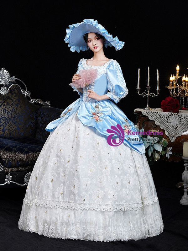 Blue Satin Short Sleeve 3D Flower Vintage Rococo Dress