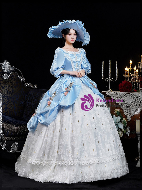 Blue Satin Short Sleeve 3D Flower Vintage Rococo Dress