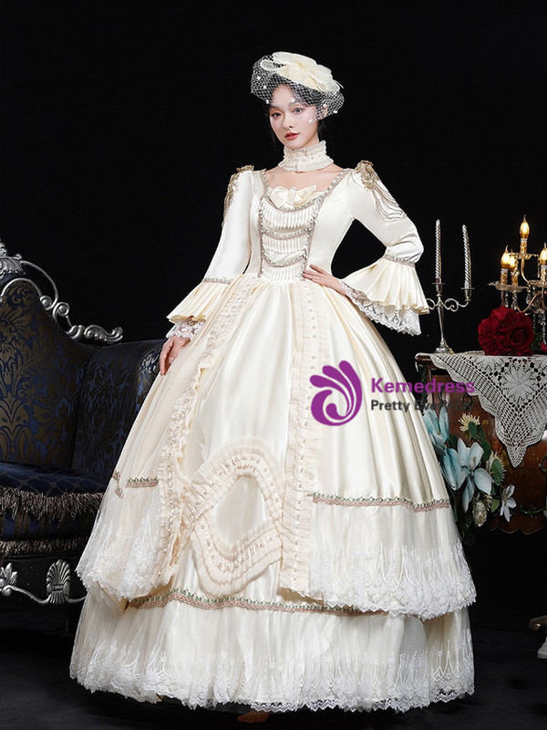 Champagne Satin Lace Long Sleeve Vintage Dress