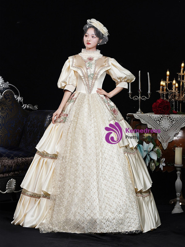 Champagne Satin Appliques Puff Sleeve Vintage Dress