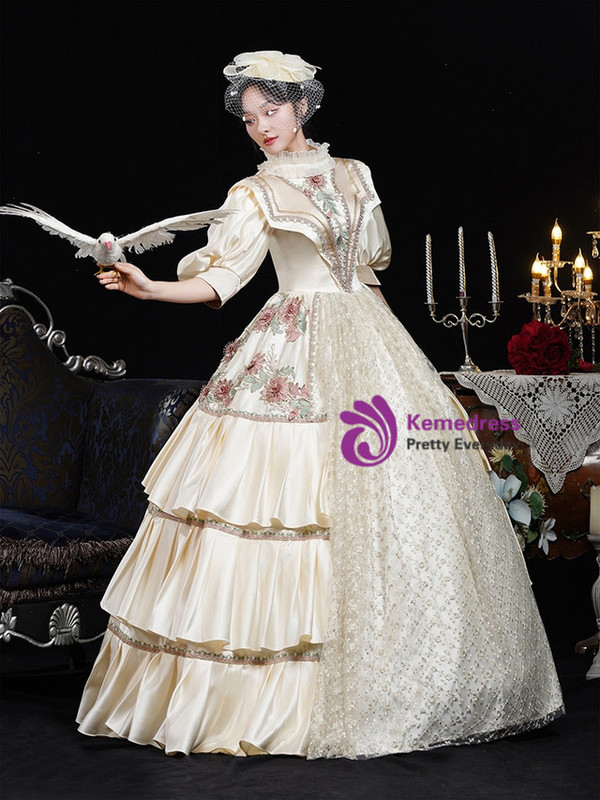 Champagne Satin Appliques Puff Sleeve Vintage Dress