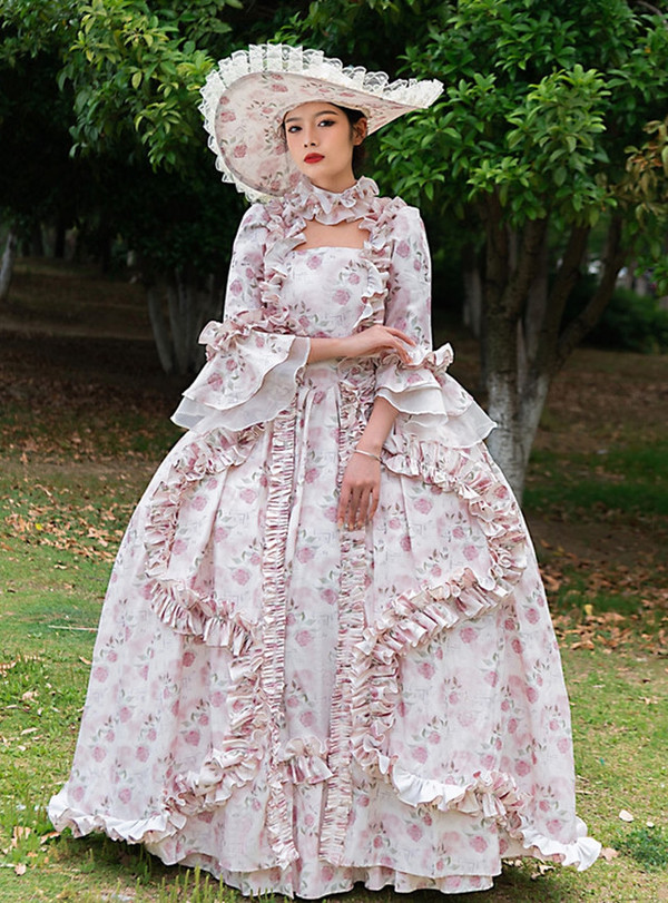 Rose Flower Print Palace Retro Drama Vintage Dress