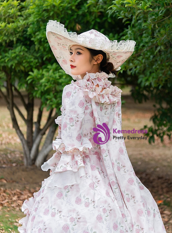 Rose Flower Print Palace Retro Drama Vintage Dress