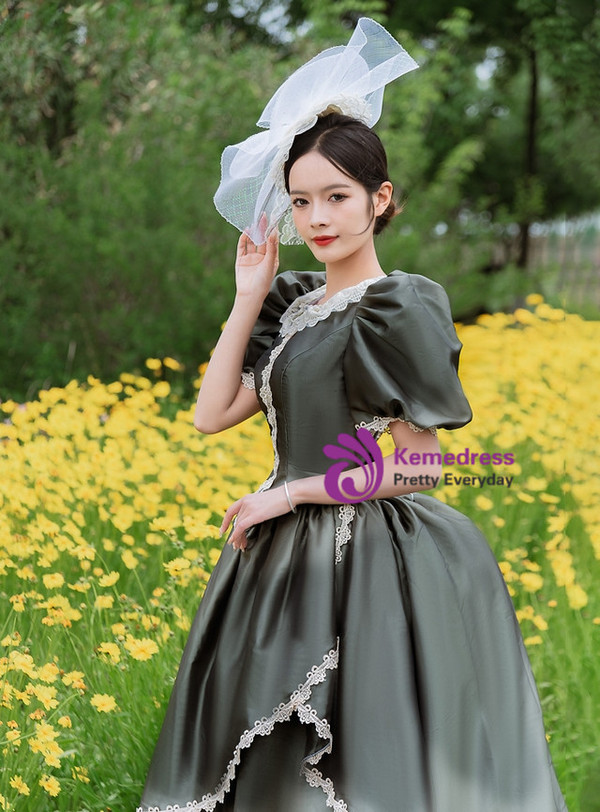 Dark Green Satin Puff Sleeve Victorian Vintage Dress