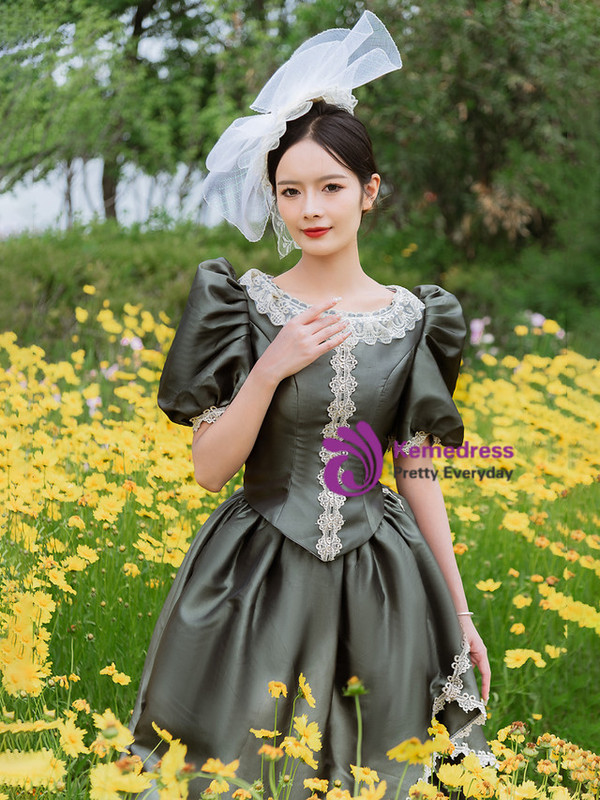 Dark Green Satin Puff Sleeve Victorian Vintage Dress