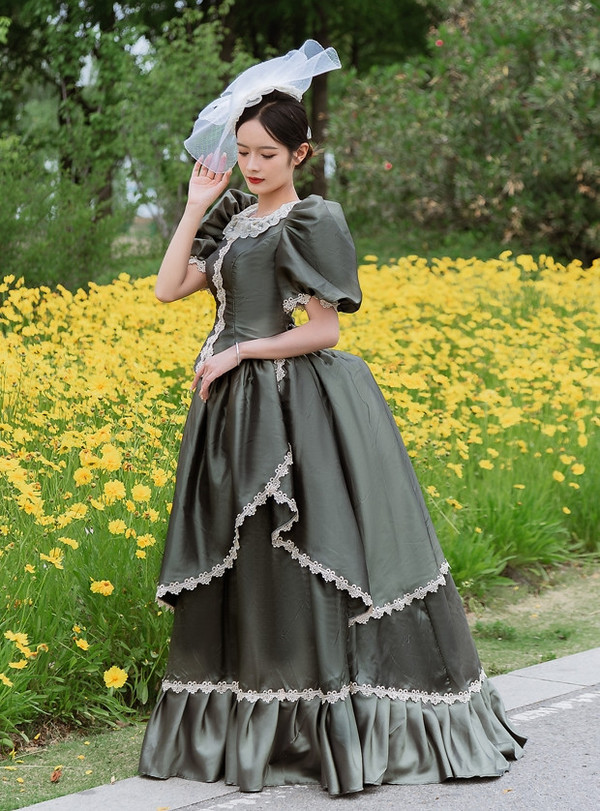 Dark Green Satin Puff Sleeve Victorian Vintage Dress