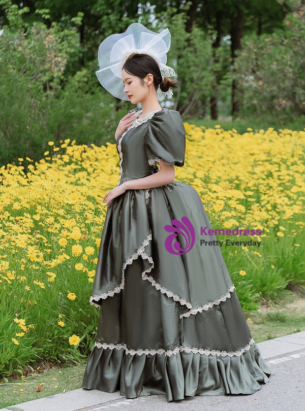Dark Green Satin Puff Sleeve Victorian Vintage Dress