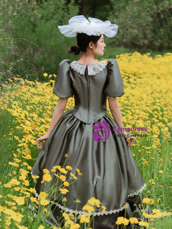 Dark Green Satin Puff Sleeve Victorian Vintage Dress