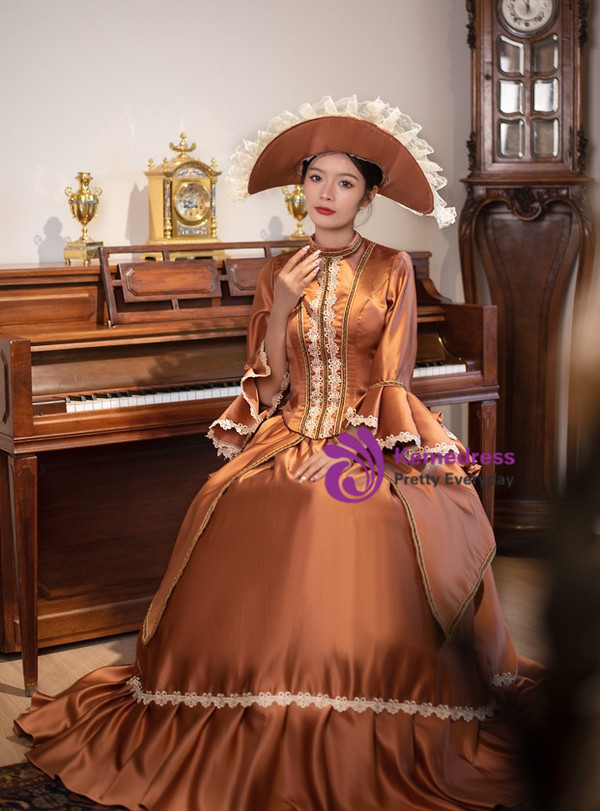 Brown Satin Long Sleeve Lace Vintage Dress