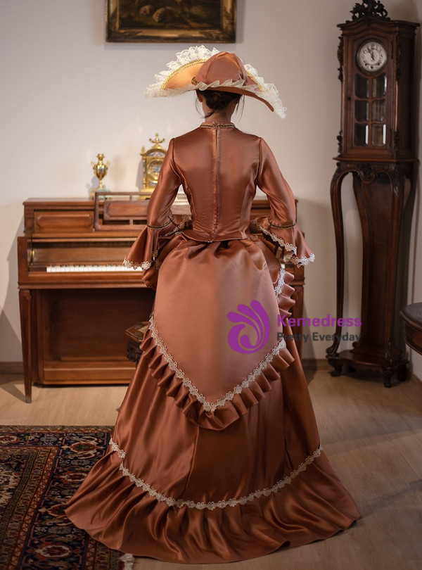 Brown Satin Long Sleeve Lace Vintage Dress