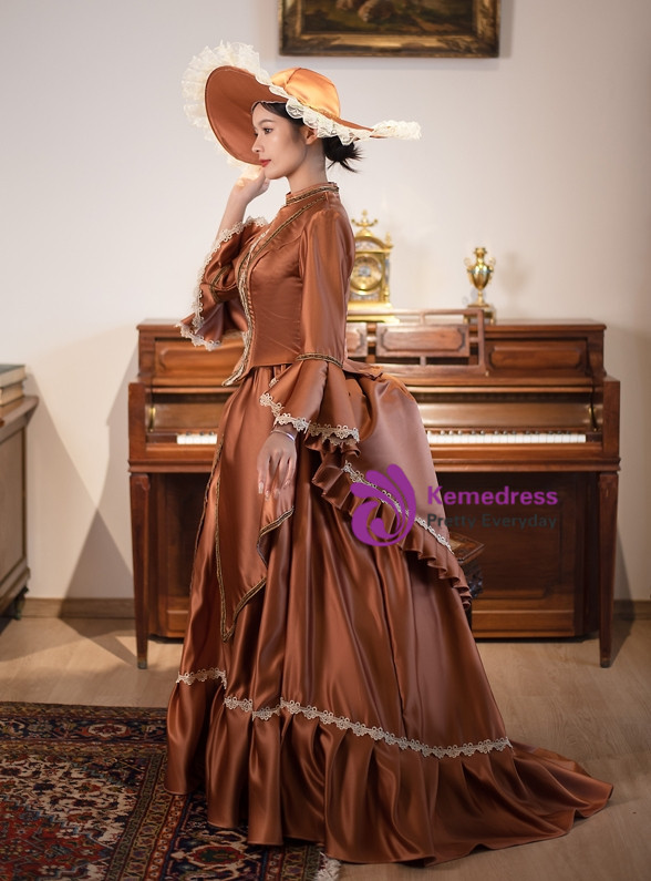 Brown Satin Long Sleeve Lace Vintage Dress