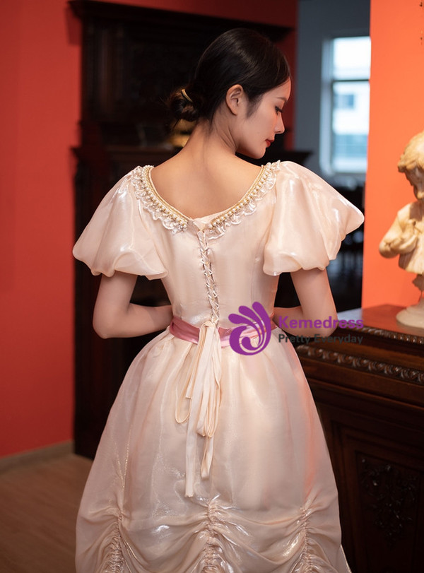 Champagne Puff Sleeve Bow Victorian Dress