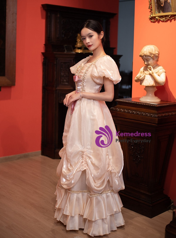 Champagne Puff Sleeve Bow Victorian Dress