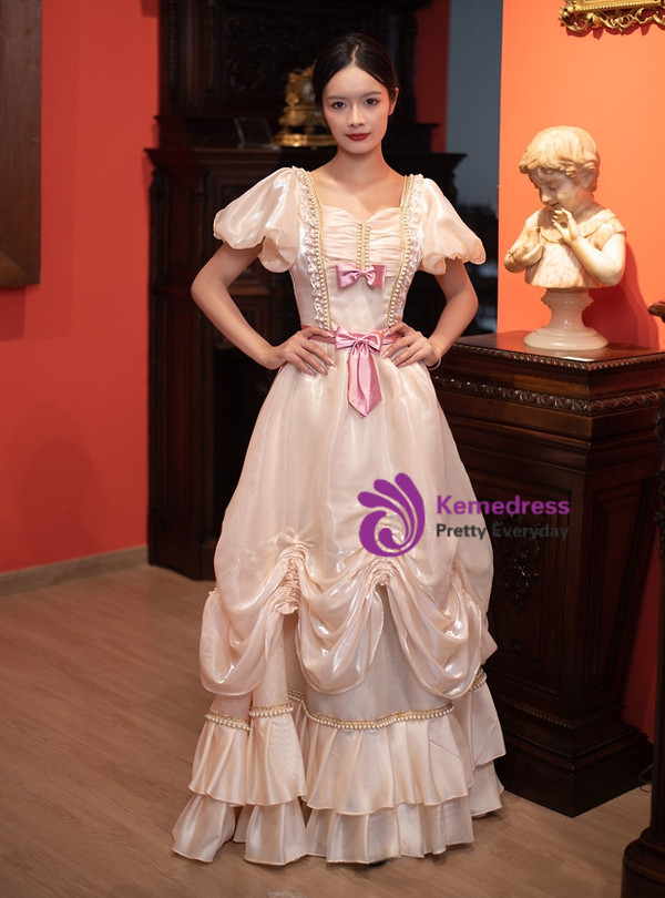 Champagne Puff Sleeve Bow Victorian Dress