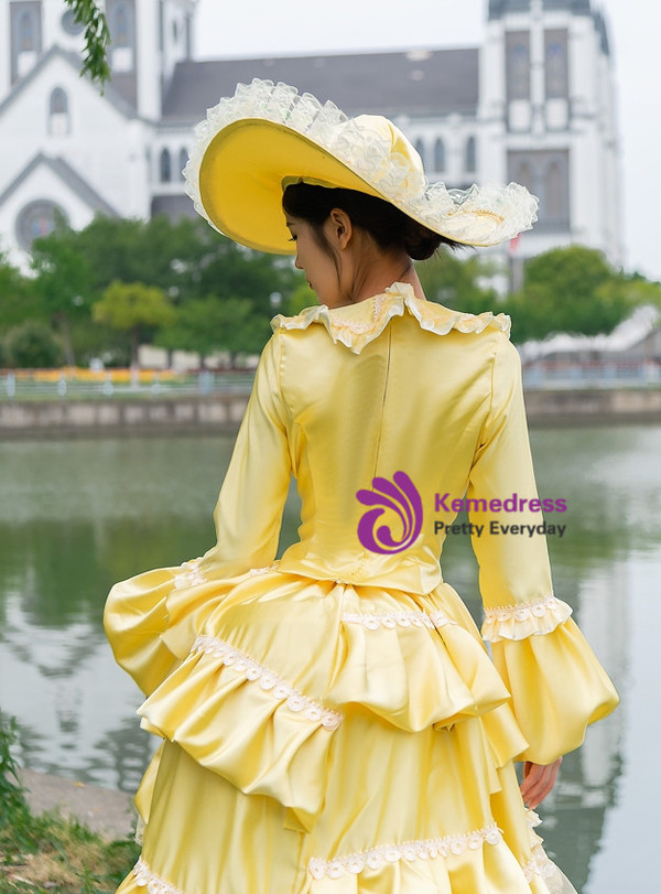 Yellow Satin Long Sleeve Lace Vintage Victorian Dress