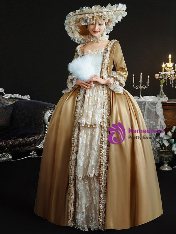 Gold Satin Long Sleeve Lace Vintage Dress