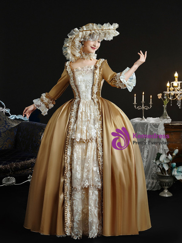 Gold Satin Long Sleeve Lace Vintage Dress