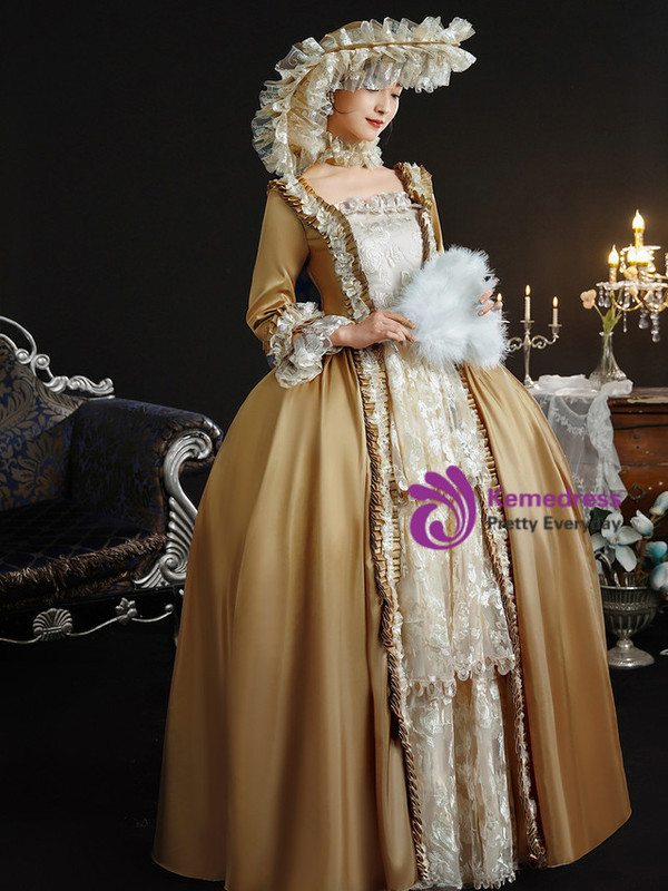 Gold Satin Long Sleeve Lace Vintage Dress