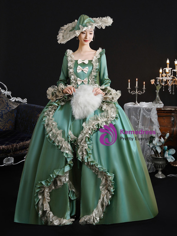 Green Satin Long Sleeve Lace Bow Vintage Dress
