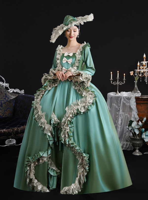 Green Satin Long Sleeve Lace Bow Vintage Dress