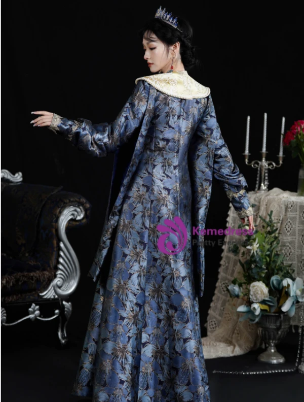 Blue Print Long Sleeve Palace Vintage Dress