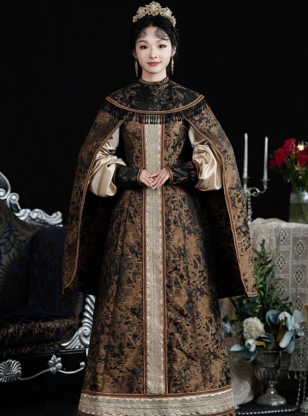 Coffee Print Long Sleeve Vintage Gown Dress