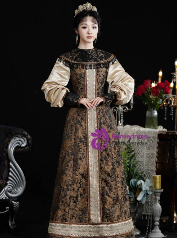 Coffee Print Long Sleeve Vintage Gown Dress