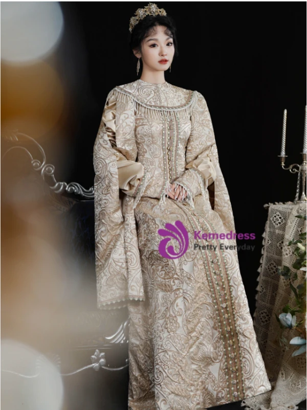 Champagne Long Sleeve Print French Retro Court Vintage Dress