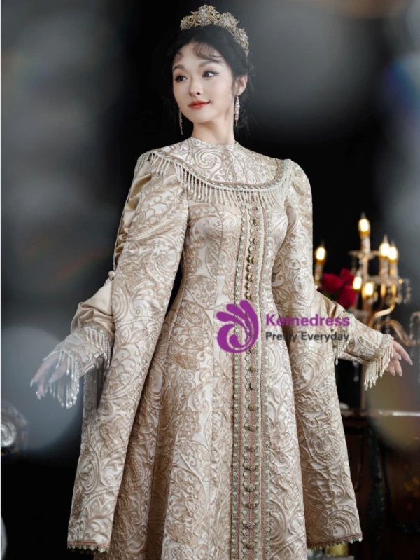 Champagne Long Sleeve Print French Retro Court Vintage Dress
