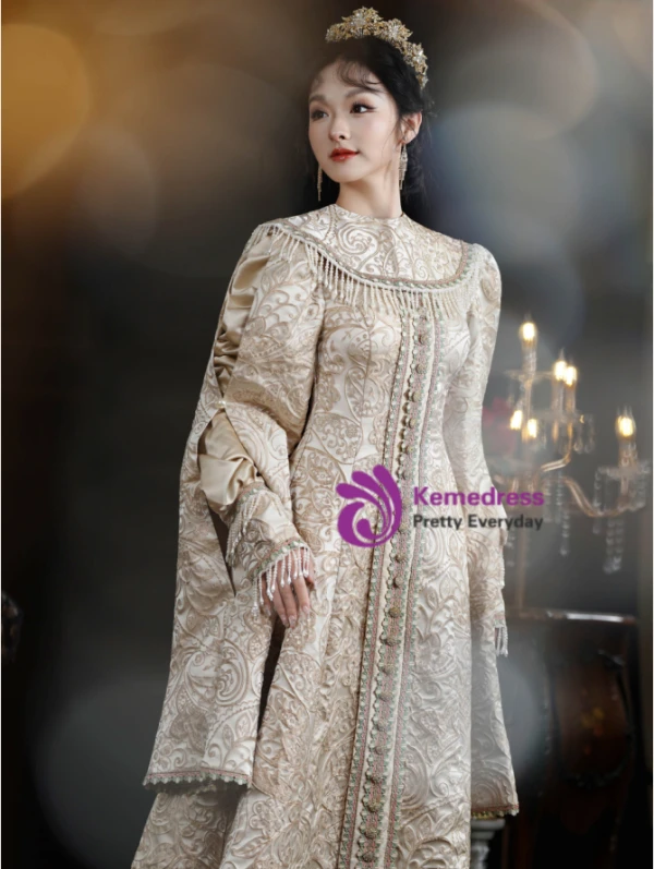 Champagne Long Sleeve Print French Retro Court Vintage Dress