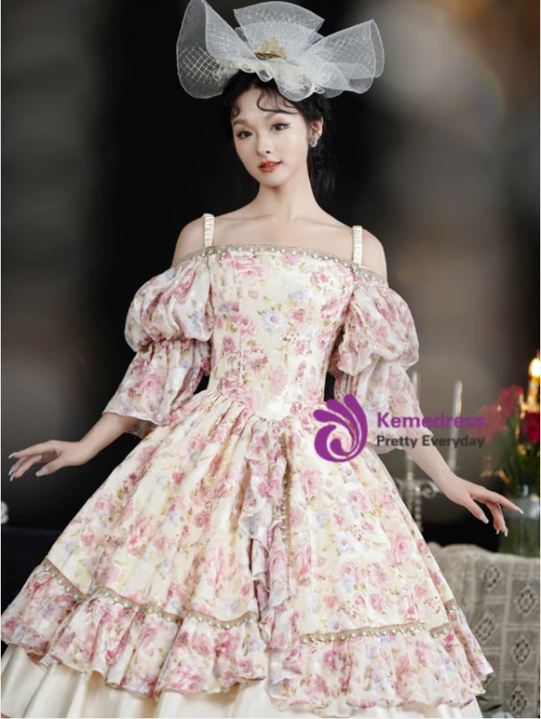 Champagne Print Straps Short Sleeve Vintage Dress