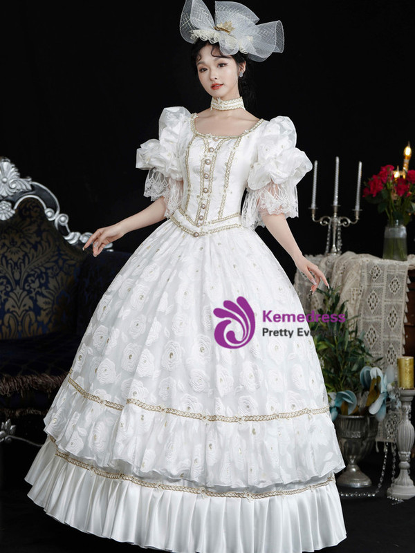 White Puff Sleeve Baroque Vintage Gown Dress