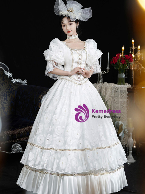 White Puff Sleeve Baroque Vintage Gown Dress