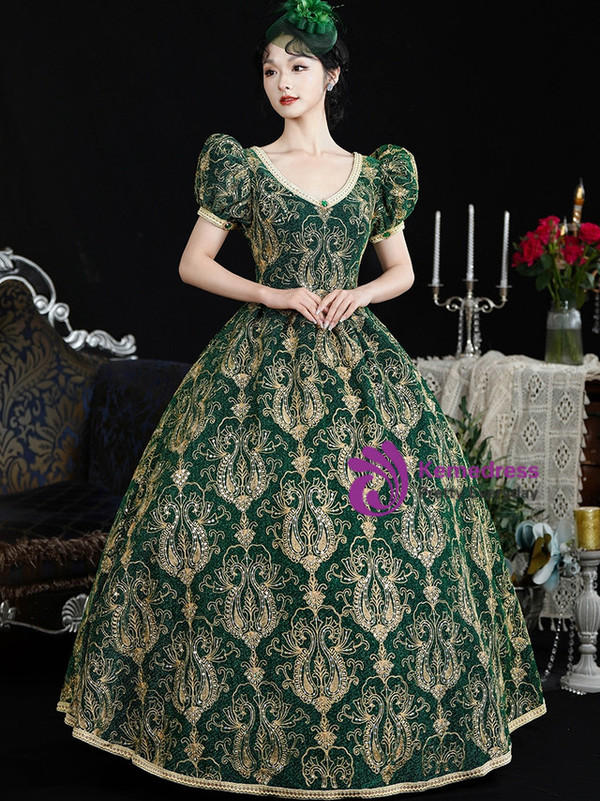 Green V-neck Puff Sleeve Vintage Dress