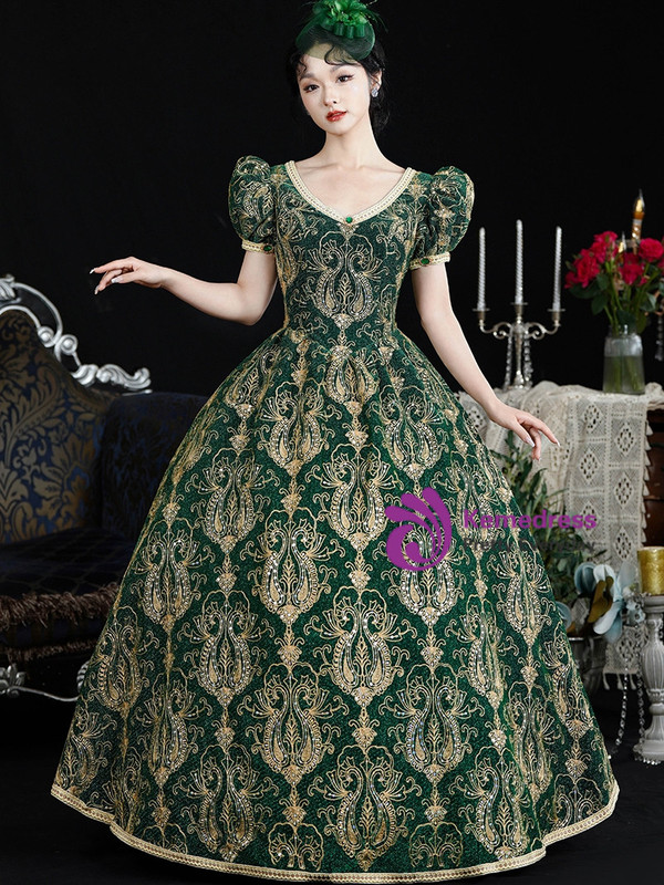 Green V-neck Puff Sleeve Vintage Dress