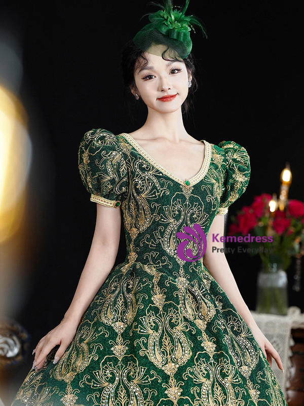 Green V-neck Puff Sleeve Vintage Dress