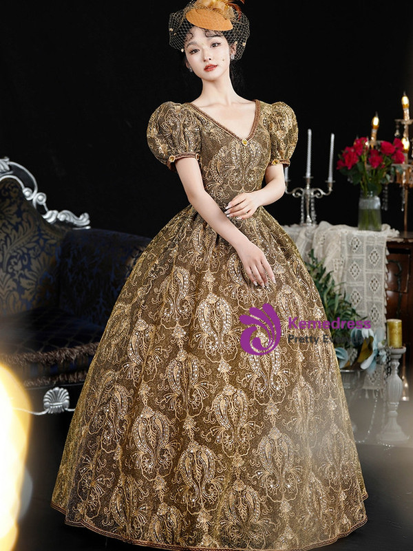 Gold Lace V-neck Puff Sleeve Baroque Vintage Gown Dress