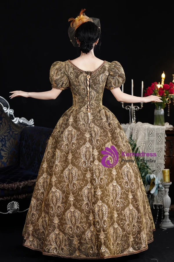 Gold Lace V-neck Puff Sleeve Baroque Vintage Gown Dress