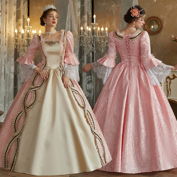 Pink Square Neck Long Sleeve Vintage Dress