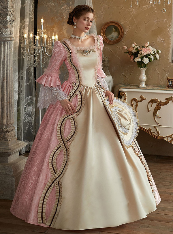 Pink Square Neck Long Sleeve Vintage Dress
