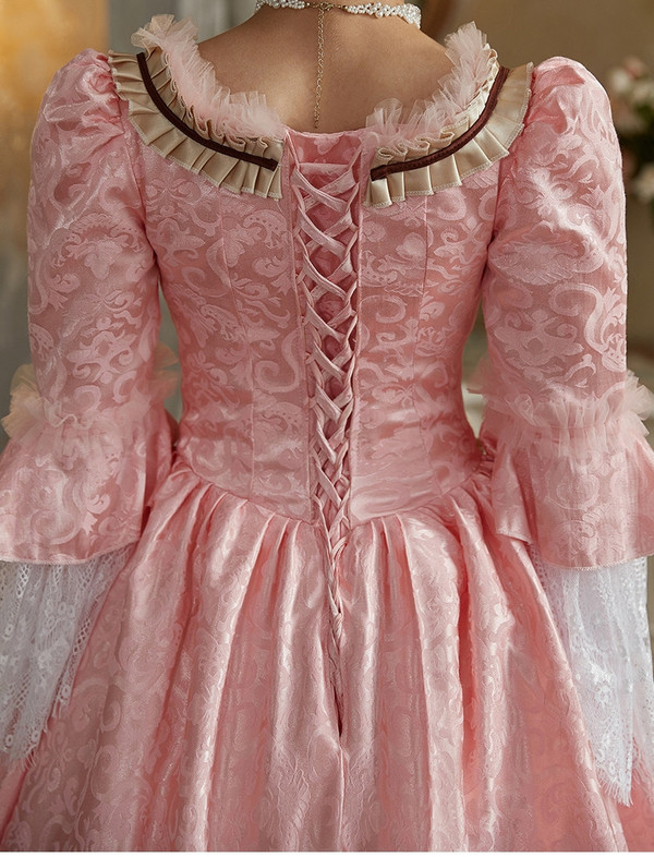 Pink Square Neck Long Sleeve Vintage Dress