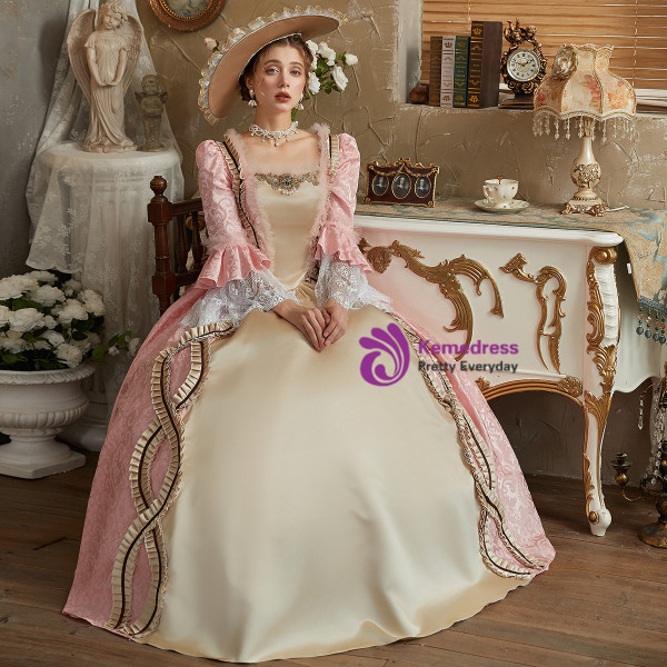 Pink Square Neck Long Sleeve Vintage Dress