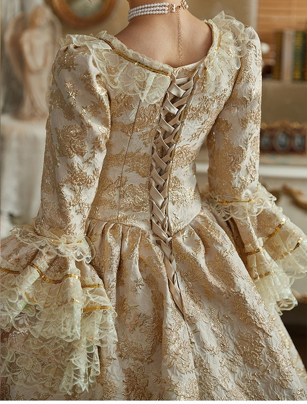 Pink Ball Gown Square Neck Long Sleeve Vintage Dress