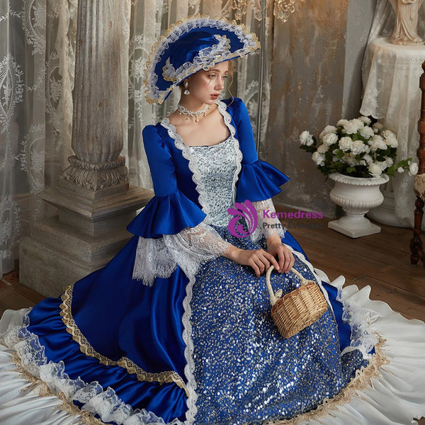 Royal Blue Satin Long Sleeve Rococo Dress