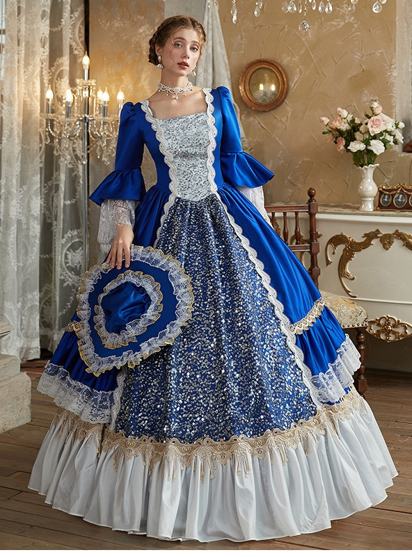 Royal Blue Satin Long Sleeve Rococo Dress