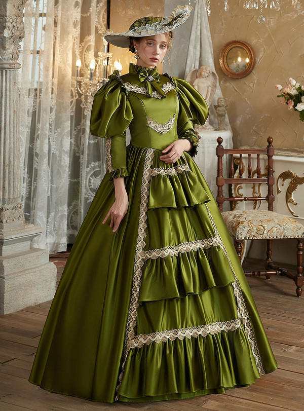 Green Satin Long Sleeve Lace Bow Vintage Dress