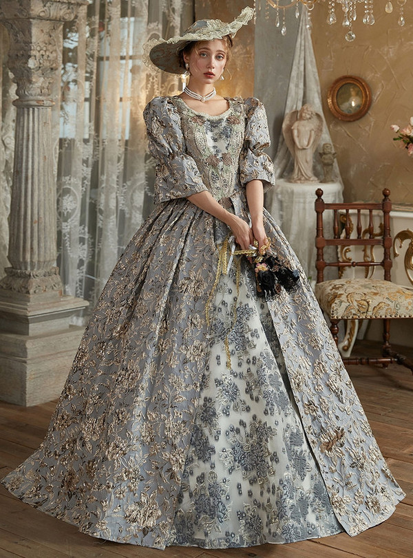 Gray Print Puff Sleeve Retro Vintage Dress