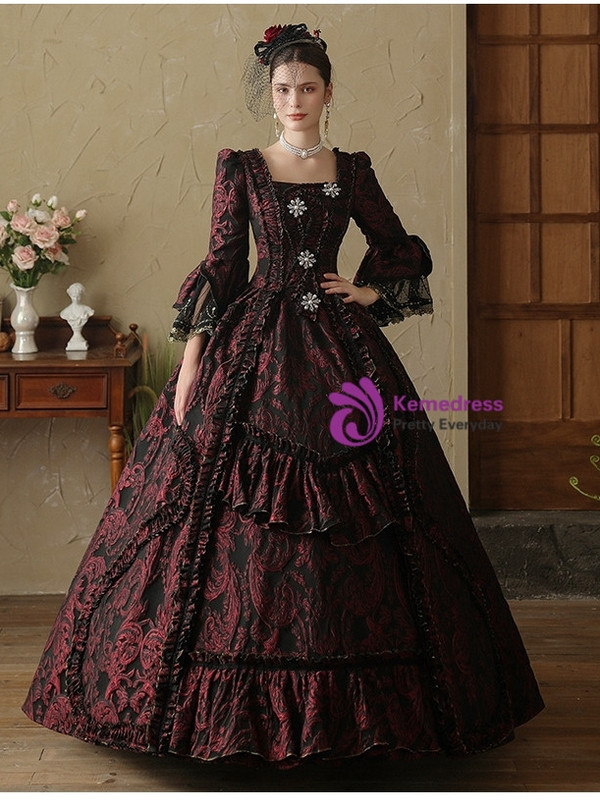Burgundy Long Sleeve Lace Palace Vintage Dress