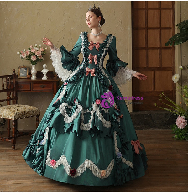 Green Satin Long Sleeve Flower Bow Vintage Dress