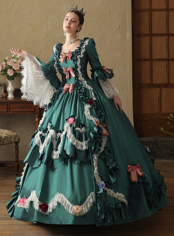 Green Satin Long Sleeve Flower Bow Vintage Dress